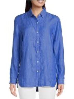 J MCLAUGHLIN Britt Linen Point Collar Long Sleeve Button Front Blouse blue Sz M